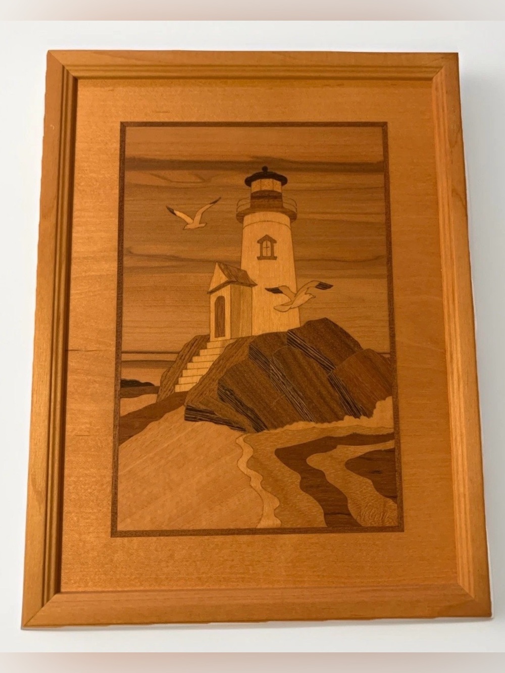 Vintage Hudson River Inlay Lighthouse Rock Signed Nelson Wood Marquetry 10x13